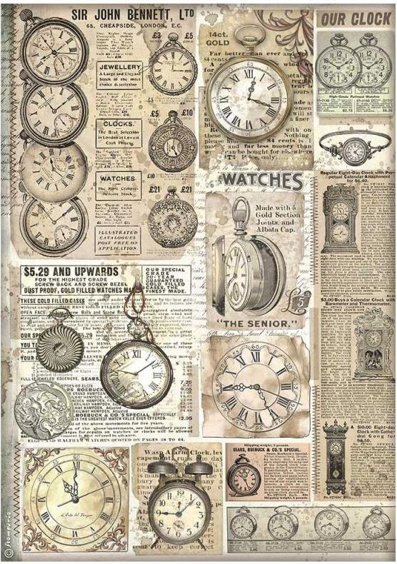 Stamperia Brocante Antiques A4 Rice Paper - Clocks (DFSA4855)