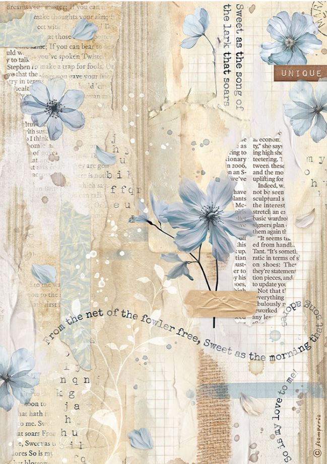 Stamperia Create Happiness Secret Diary A4 Rice Paper - Blue Flower (DFSA4861)