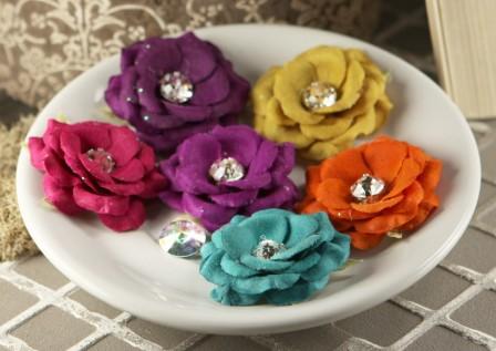 Prima Solitare Fabric Flowers With Gems - Jeweltone
