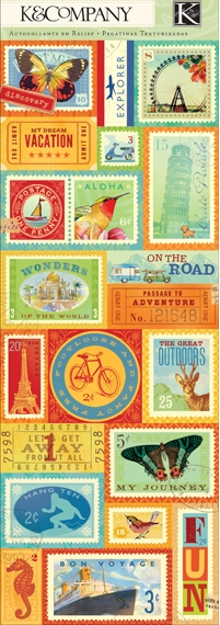 K & Co Around the World - Postage Stamp Embossed Stickers