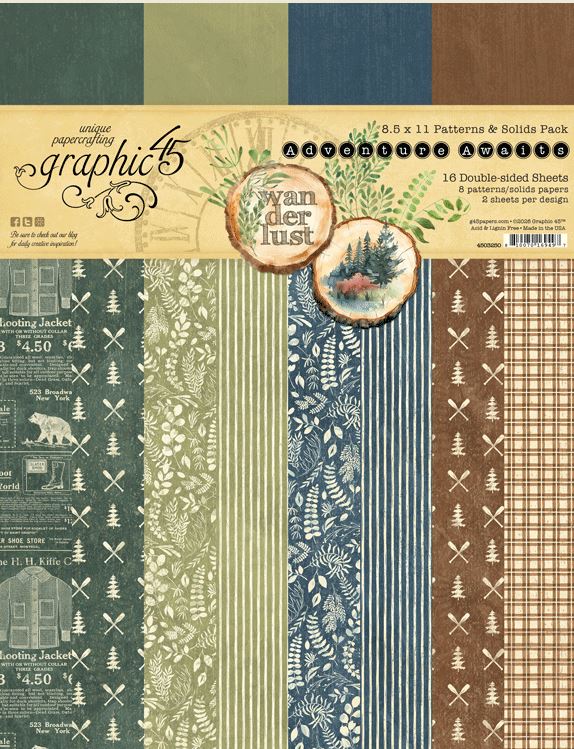 Graphic 45 Adventure Awaits 8,5x11 Inch Patterns & Solids Pack
