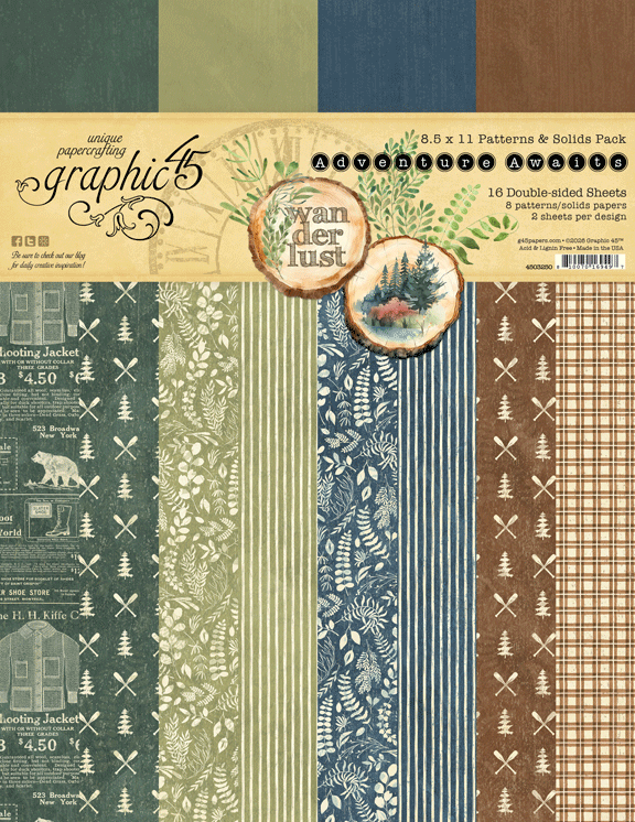Graphic 45 Adventure Awaits 8,5x11 Inch Patterns & Solids Pack