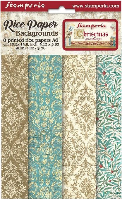 Stamperia Christmas Greetings A6 Rice Paper Backgrounds (8pcs) (DFSAK6008)