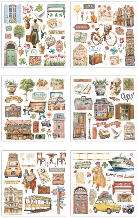 NEW Stamperia Art of Travelling  Rub-On 15,5x15,5cm Assortment (6pcs) 