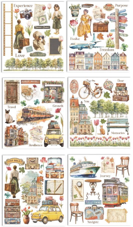 NEW Stamperia Art of Travelling   Rub-On 20,5x23cm Assortment (6pcs) 