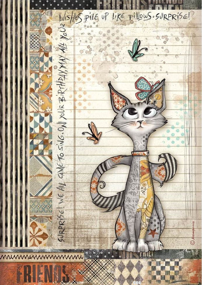Stamperia Furry Friends A4 Rice Paper - Cat and Butterfly  (DFSA41067)