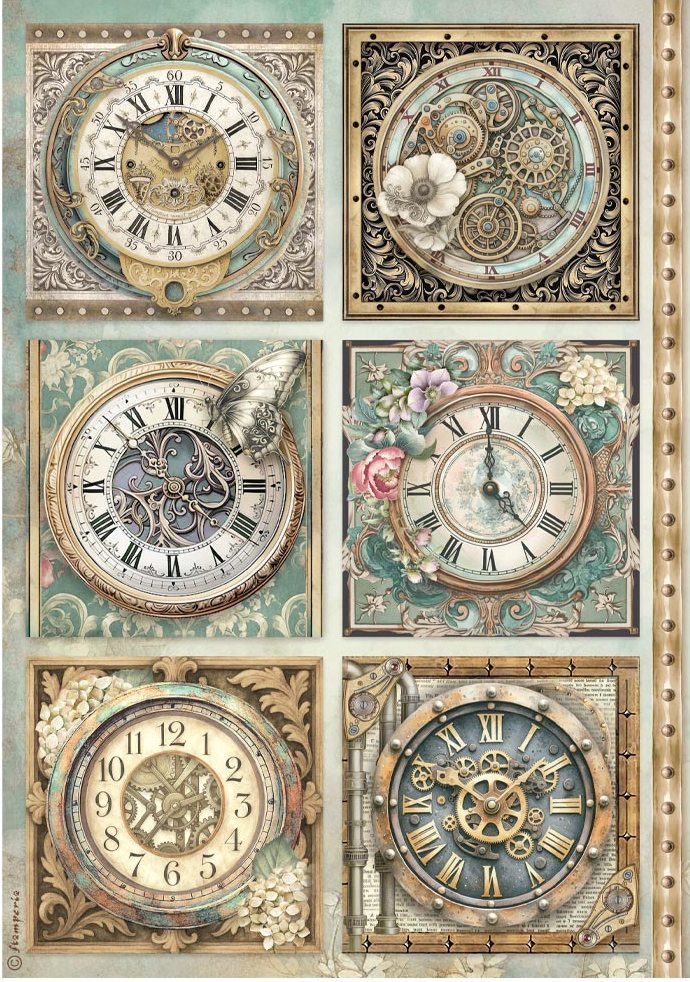 Stamperia Gardens of Time A4 Rice Paper - 6 Clocks (DFSA41111)