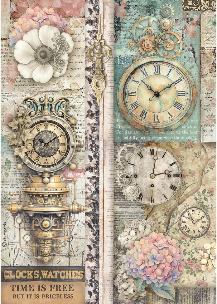 Stamperia Gardens of Time A4 Rice Paper - Clocks Time is Free (DFSA41112)