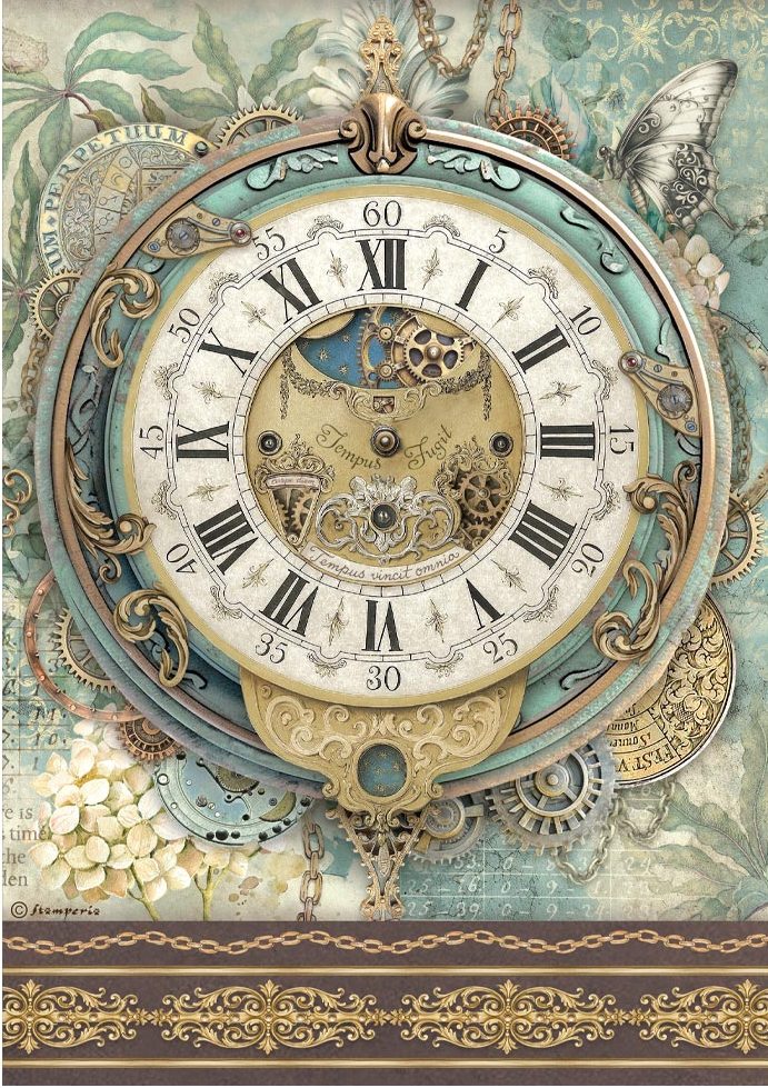 Stamperia Gardens of Time A4 Rice Paper - Big Clocks (DFSA41114)