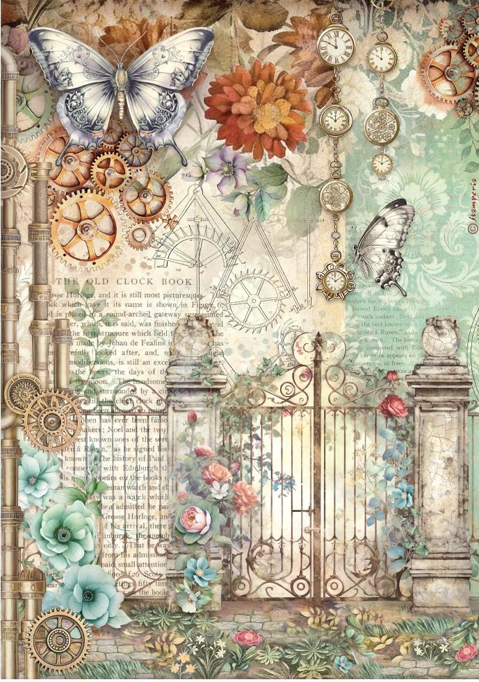 Stamperia Gardens of Time A4 Rice Paper - Gate & Butterfly (DFSA41115)