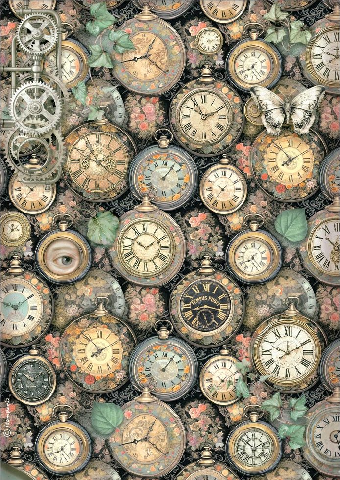 Stamperia Gardens of Time A4 Rice Paper - Clock Pattern (DFSA41116)
