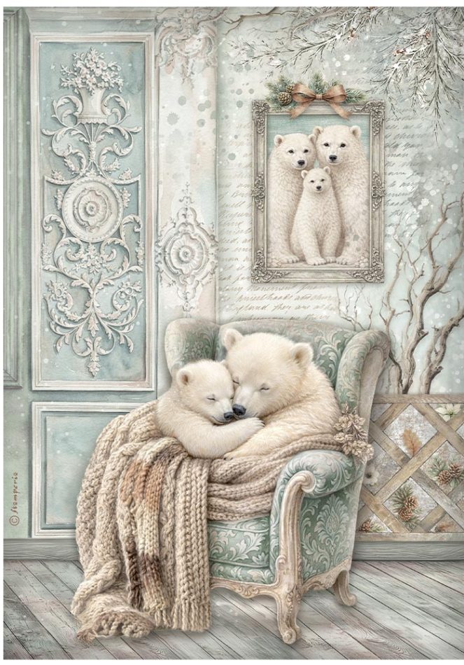 Stamperia White Christmas A4 Rice Papers -  COZY BEARS (DFSA41143)