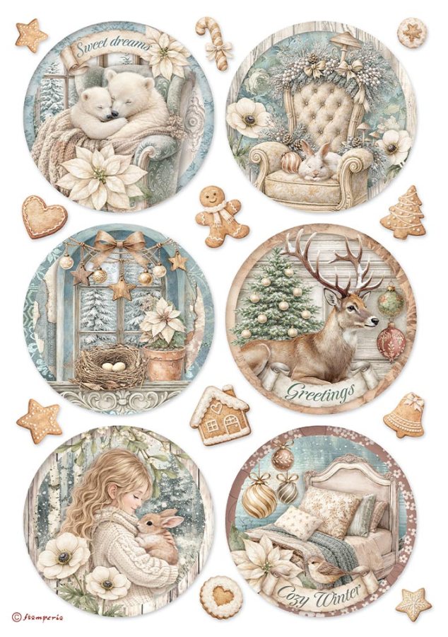 Stamperia White Christmas A4 Rice Papers - 6-ROUNDS (DFSA41144)