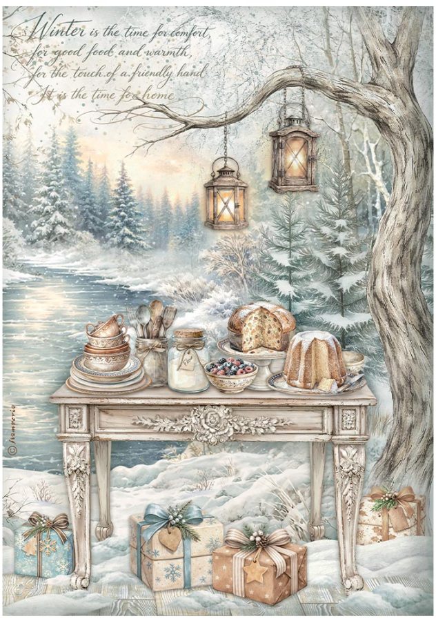 Stamperia White Christmas A4 Rice Papers -  FESTIVE TABLE BY THE LAKE (DFSA41145)