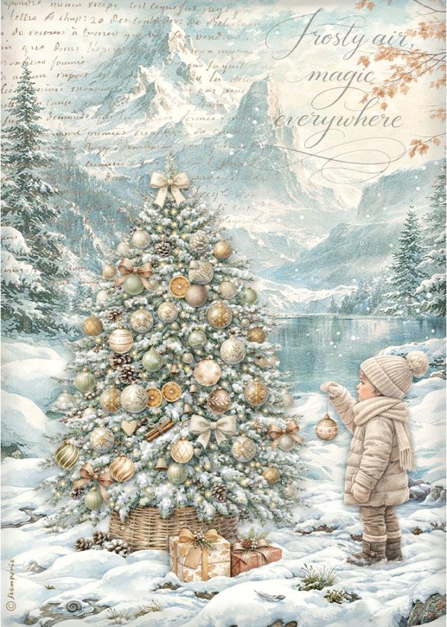 Stamperia White Christmas A4 Rice Papers - TREE BY THE LAKE (DFSA41146)