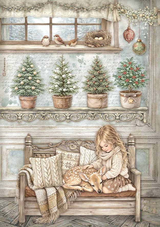 Stamperia White Christmas A4 Rice Papers - LITTLE GIRL AND A FAWN (DFSA41148)