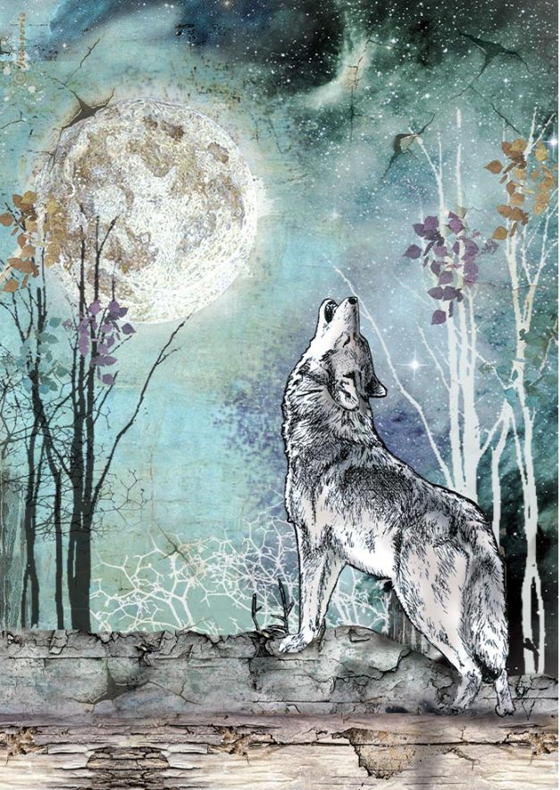 Stamperia Cosmos A4 Rice Paper - Wolf & Moon (DFSA41149)