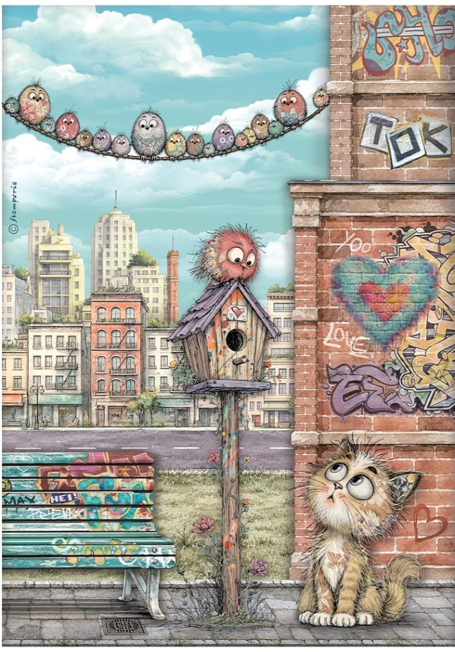 Stamperia Furry Friends 2 A4 Rice Paper - Nest, Cat & Birds  (DFSA41171)