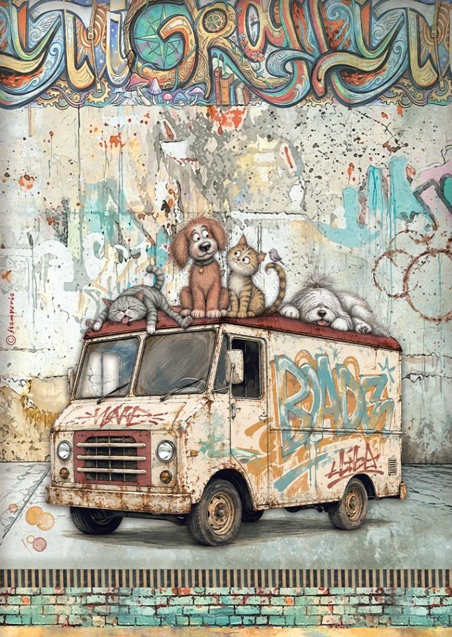 Stamperia Furry Friends 2 A4 Rice Paper - Beater Truck  (DFSA41173)