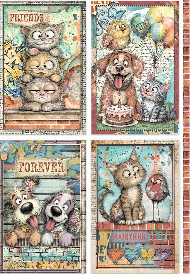 Stamperia Furry Friends 2 A4 Rice Paper - Cards  (DFSA41175)