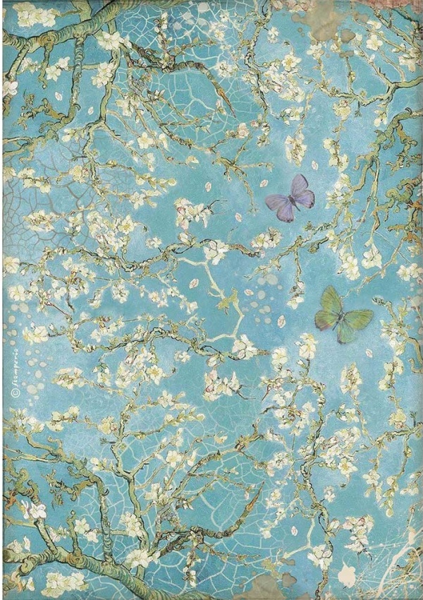 Stamperia A4 Rice Paper - Atelier Blossom Blue Background with Butterfly  (DFSA4546)