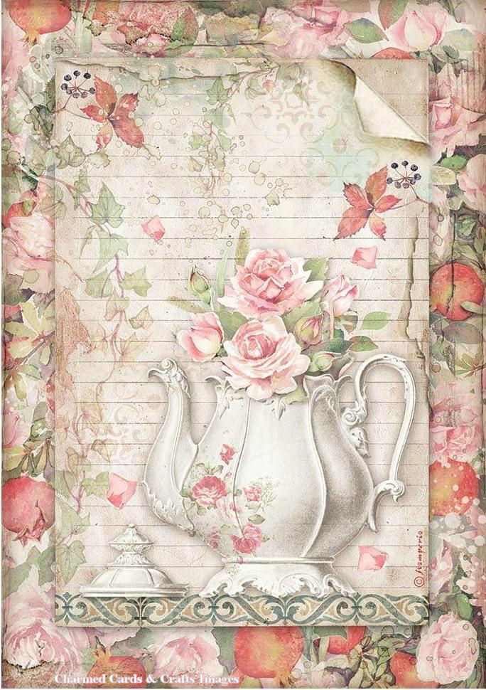 Stamperia Casa Granada A4 Rice Paper - TeaPot with Flowers (DFSA4659)