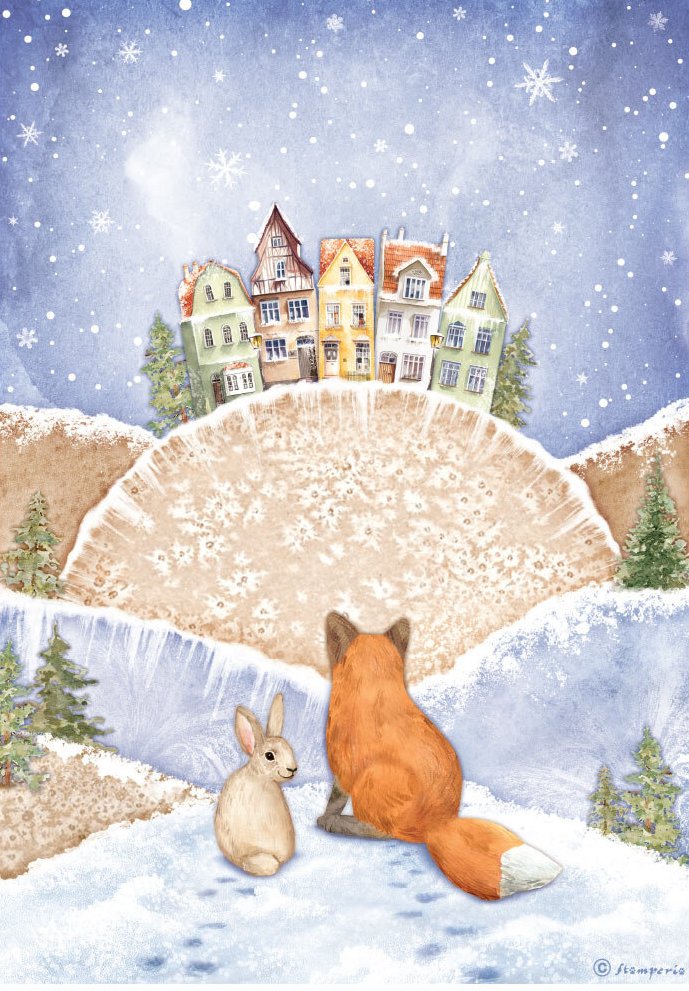 Stamperia Winter Valley A4 Rice Paper Fox and Bunny  (DFSA4797)