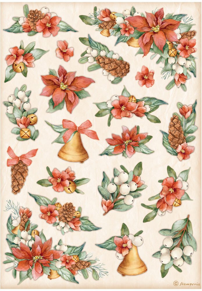 Stamperia All Around Christmas A4 Rice Paper Poinsettia and Bells (DFSA4806)