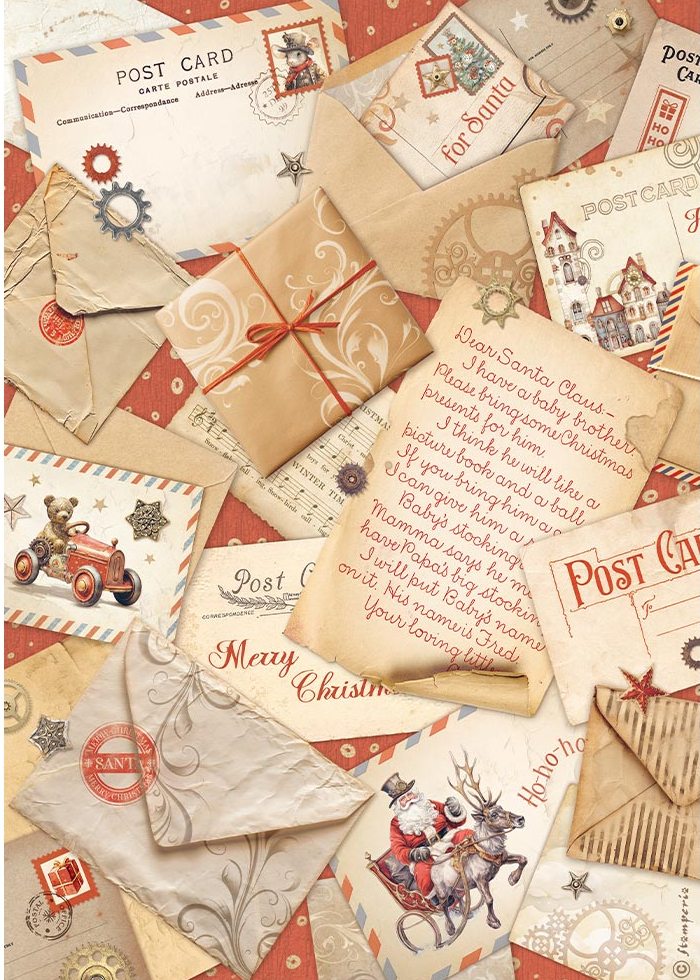 Stamperia Gear Up For Christmas A4 Rice Paper - Postcards (DFSA4934)