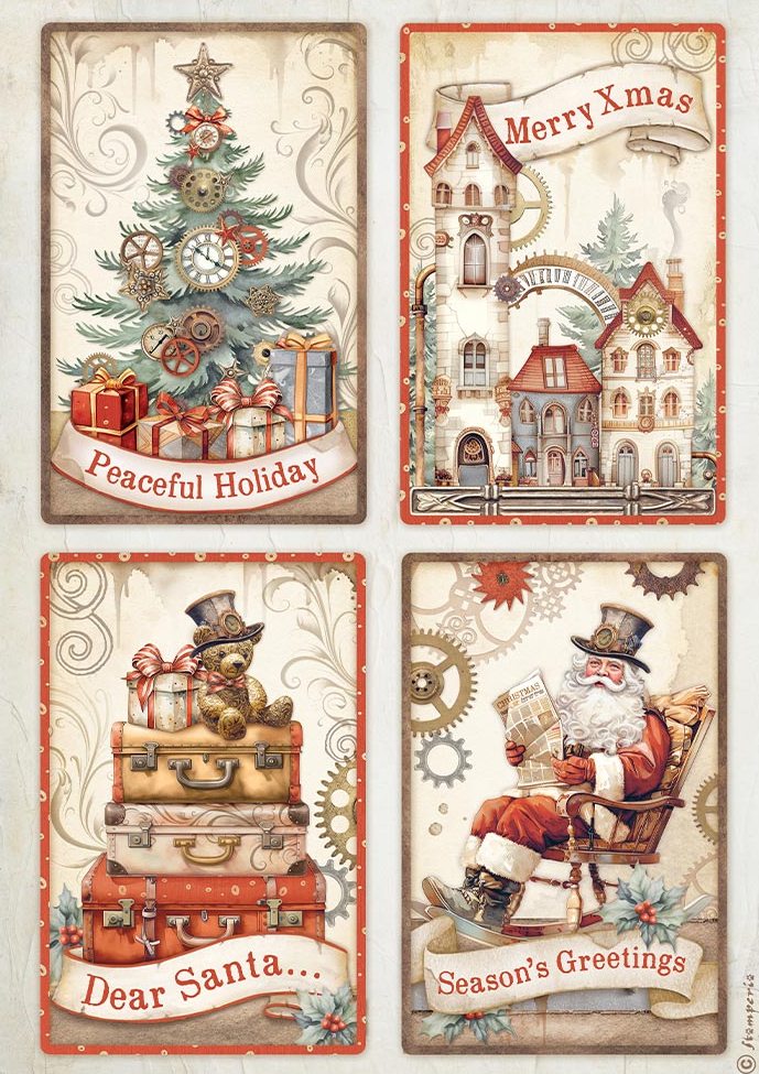Stamperia Gear Up For Christmas A4 Rice Paper - 4-Cards (DFSA4935)