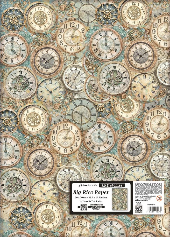 Stamperia Art Stories Gardens of Time 50x70cm BIG Rice Paper - Clocks Pattern (DFSAJB005)