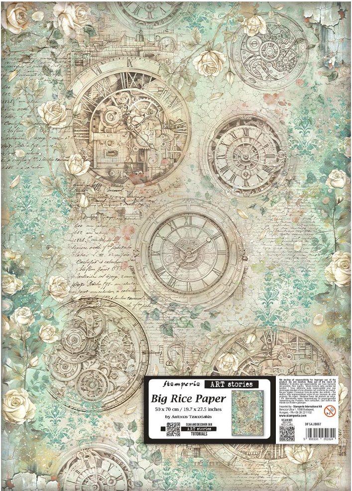 Stamperia Art Stories Gardens of Time 50x70cm BIG Rice Paper -  Clocks and Roses (DFSAJB007)