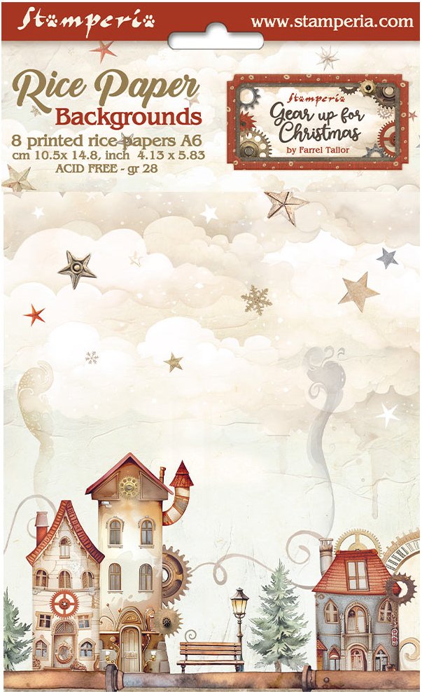 Stamperia Gear up for Christmas A6 Rice Paper Backgrounds (8pcs)