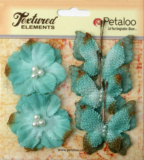 Petaloo Burlap Butterflies & Blossoms x 5  - Teal