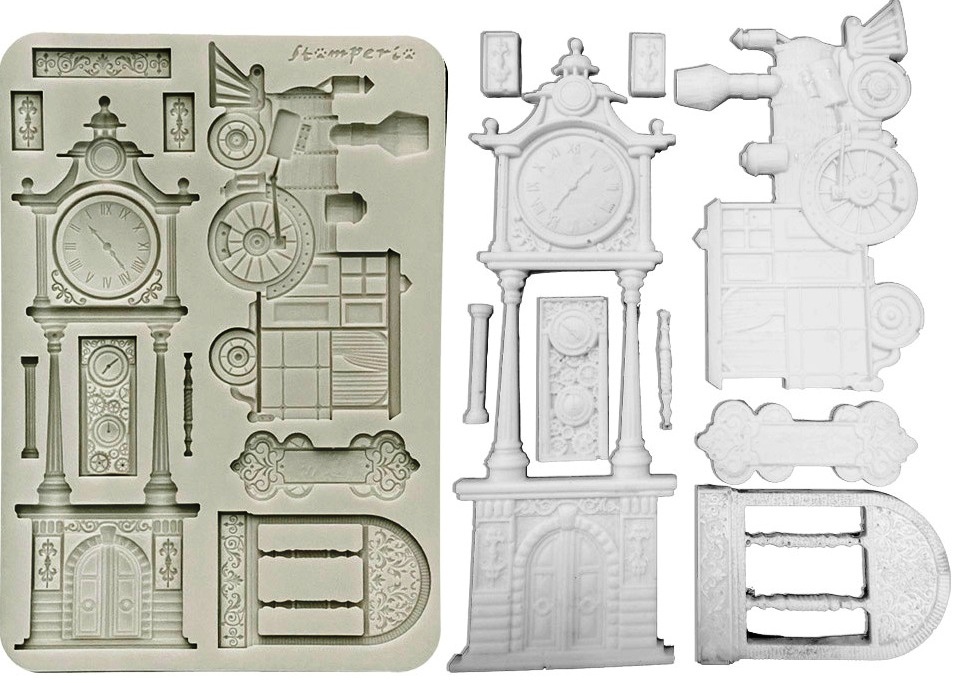 Stamperia Gardens of Time A5 Silicon Mould Train and Longcase Clock (KACMA609) 