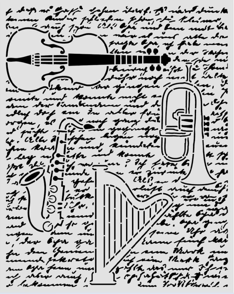 Stamperia Symphony Thick Stencils 20x25cm Violin, Trumpet, Harp  (KSTD212)