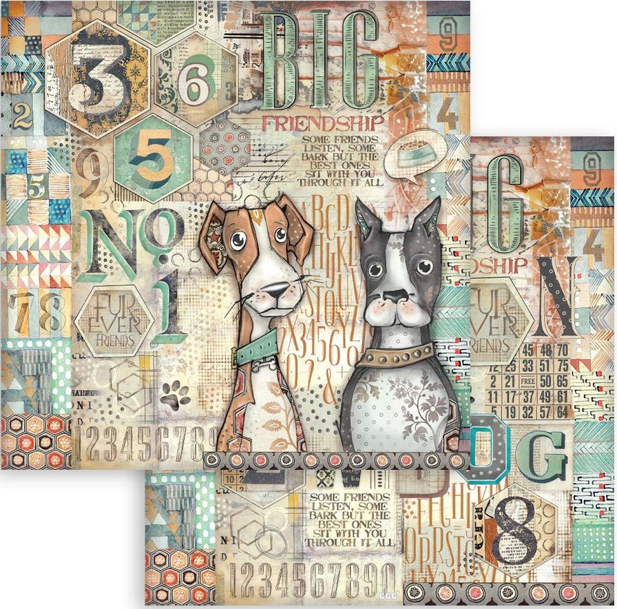 Stamperia Furry Friends 12x12  Paper - Dogs and Numbers  (SBB1099)