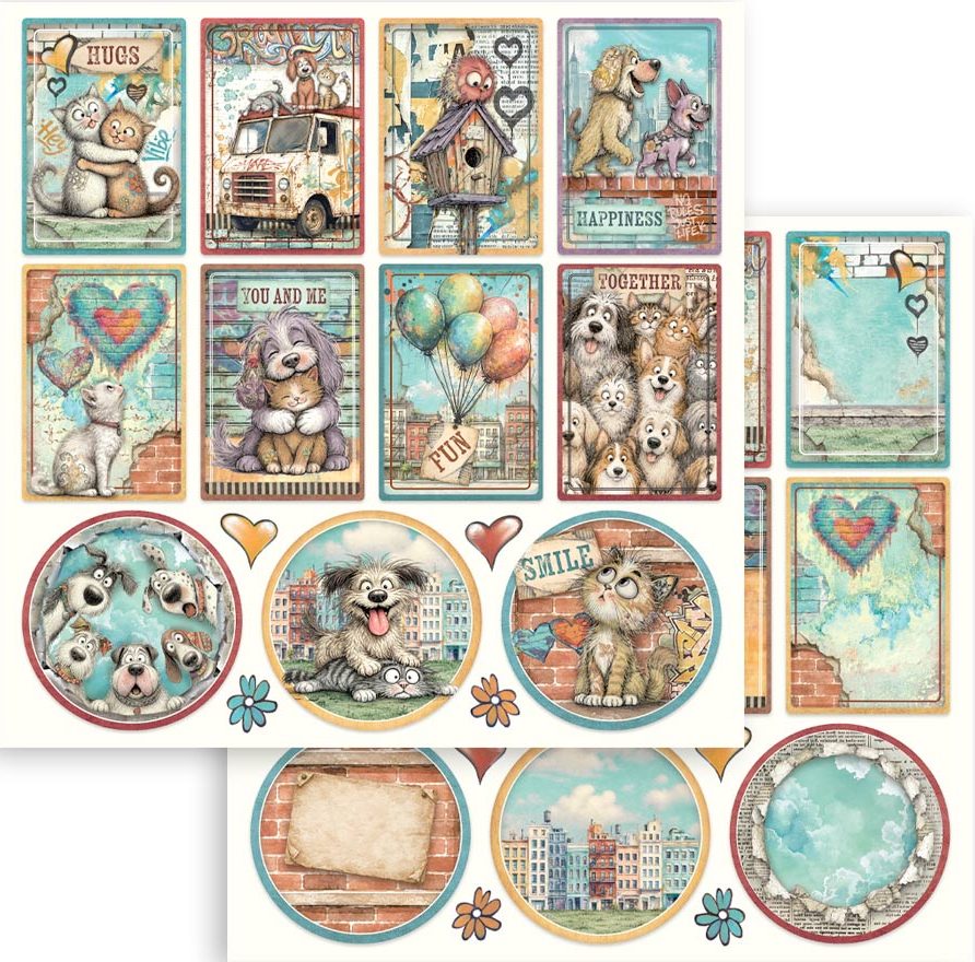 Stamperia Furry Friends 2 12x12  Paper - Cards and Rounds by Antonis Tzanidakis (SBB1172)