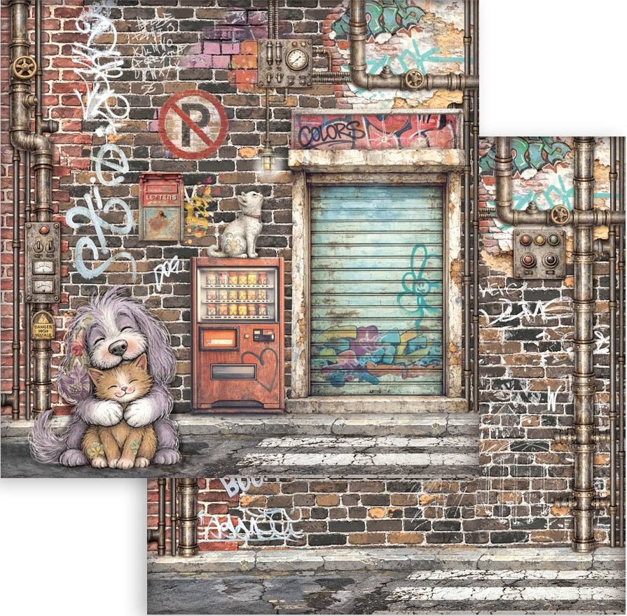 Stamperia Furry Friends 2 12x12  Paper - Street Art Dog and Cat by Antonis Tzanidakis (SBB1173)