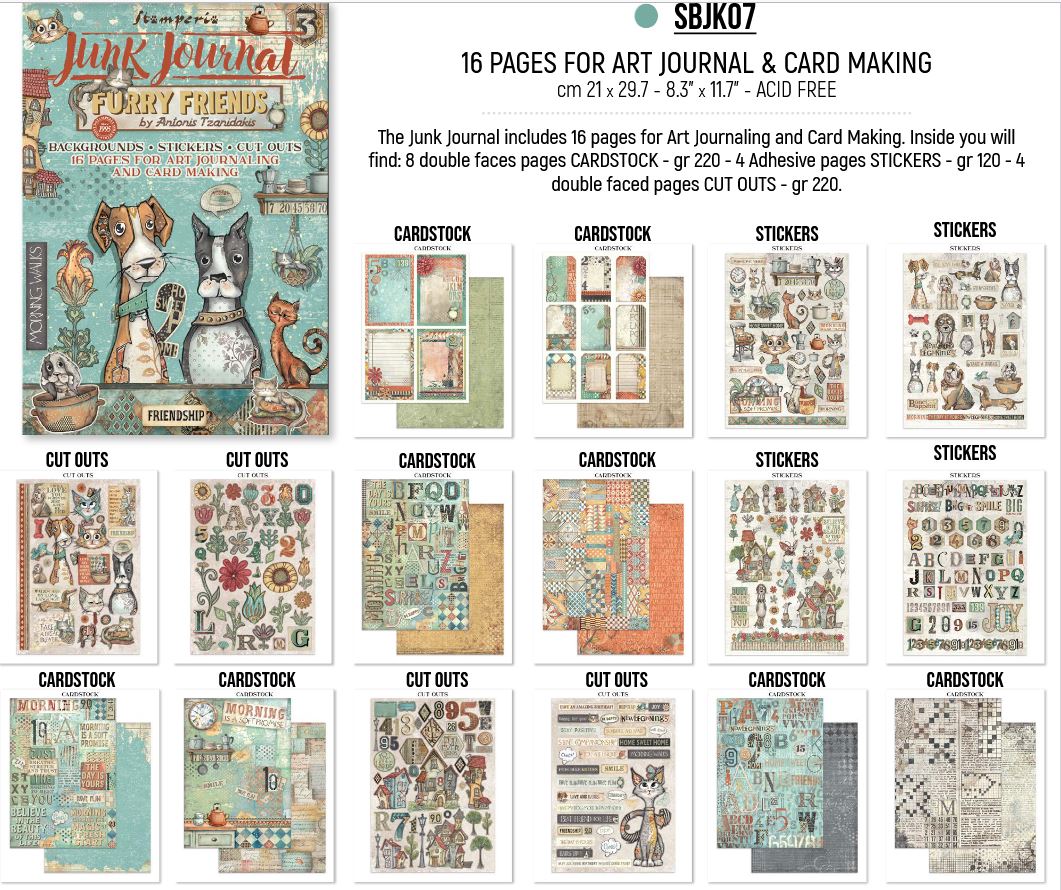 Stamperia Furry Friends Junk Journal Stickers, Backgrounds, Cut-Outs
