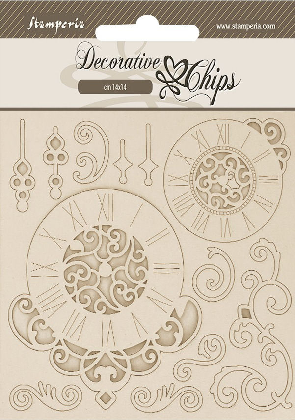 Stamperia Quiet Days Decorative Chips Clock & Swirls (SCB276)
