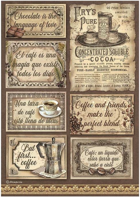 Stamperia Coffee and Chocolate A4 Rice Paper - LABELS (DFSA4826)