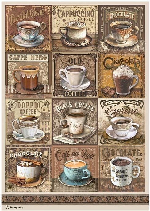 Stamperia Coffee and Chocolate A4 Rice Paper - Tags with Cups (DFSA4822)