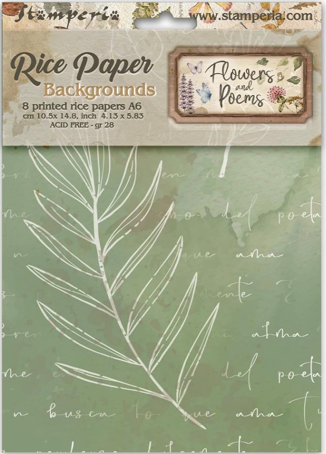 Stamperia Flowers and Poems A6 Rice Paper Backgrounds Selection (8pcs) (DFSAK6062) 