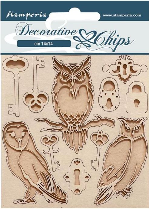 Stamperia Vintage Library Decorative Chips - Keys & Owls SCB168