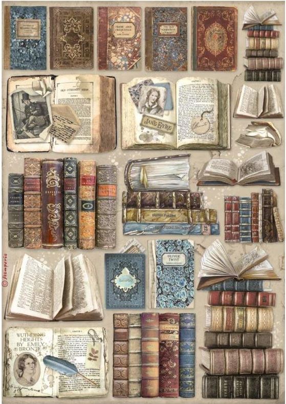 Stamperia Vintage Library A4 Rice Paper - BOOKS DFSA4755