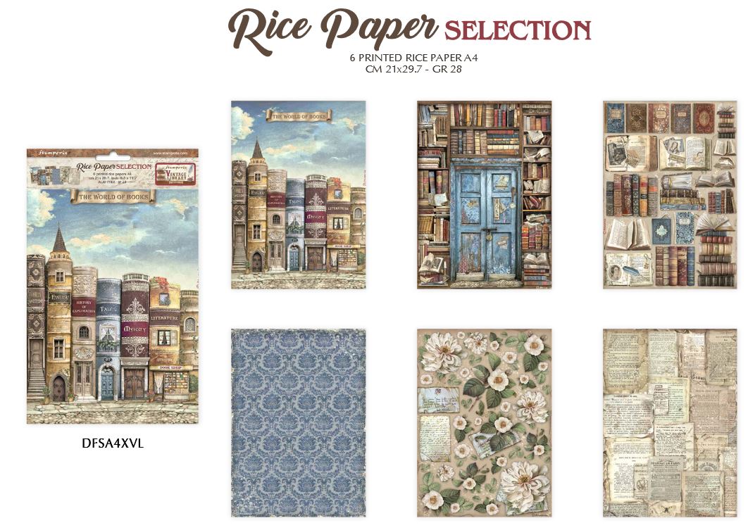 Stamperia Vintage Library A4 Rice Paper Set (6 assorted sheets)
