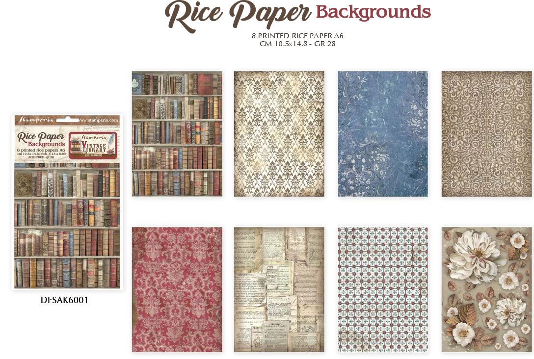 Stamperia Vintage Library A6 Rice Paper Background Set (8 assorted sheets)