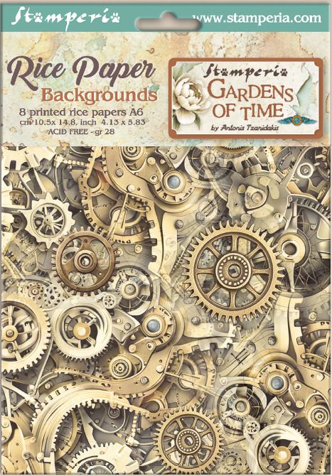 Stamperia Gardens of Time A6 Rice Paper Backgrounds Selection (8pcs)