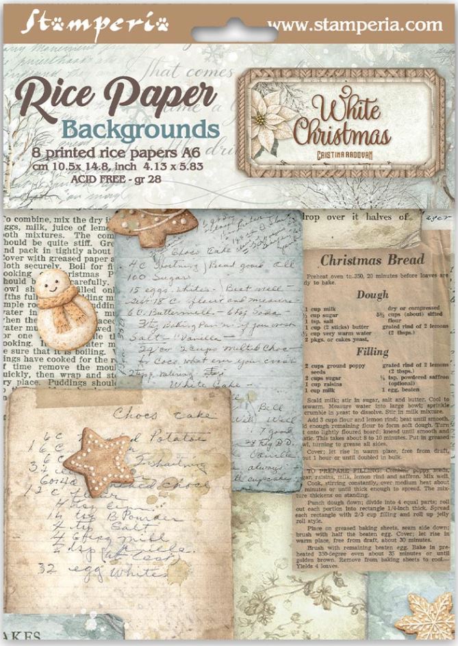 Stamperia White Christmas A6 Rice Papers BACKGROUNDS (8pcs)